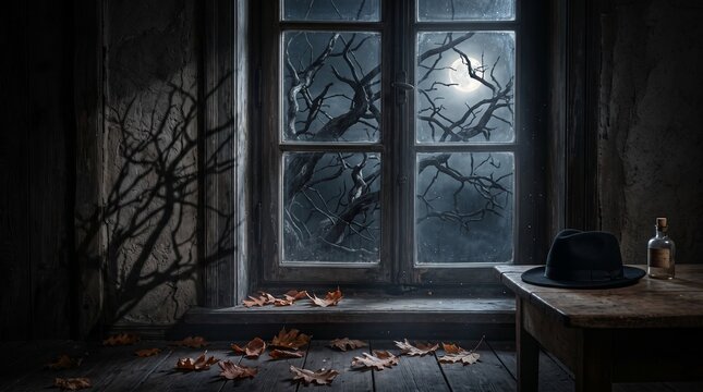 Mysterious Halloween interior with moonlight, tree shadows, autumn leaves and vintage decorations creating an atmospheric seasonal scene.