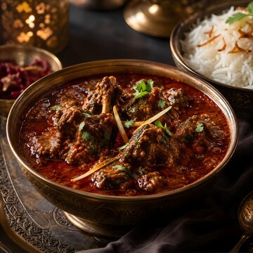 Traditional Indian lamb curry in brass bowl, spicy mutton masala with aromatic basmati rice, authentic slow cooked meat stew with ginger and cilantro