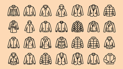 Set of minimalist black outline icons featuring diverse jackets and coats style on beige backdrop. © Something