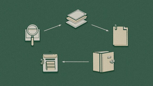 Investigators compile photos, pages, a sealed sample bag and folder into an evidentiary report for case archiving. Flat 3D style with cross-hatching.
