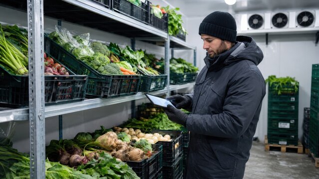 Man checks inventory on a tablet while standing in a cold storage area filled with fresh vegetables and greens