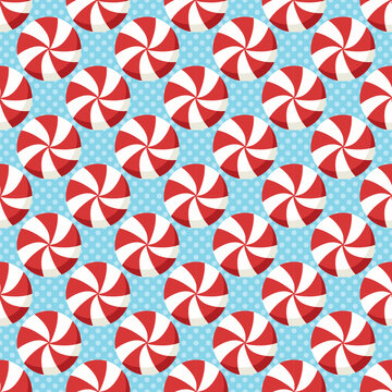 Red and white peppermint candies form a lively repeating pattern against a bright blue background