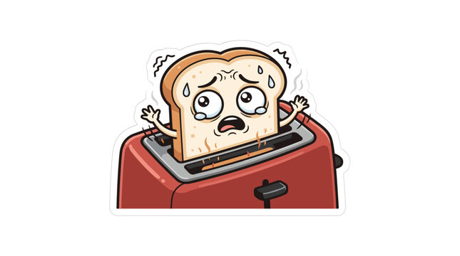 A distressed, sweating slice of cartoon bread with a panicked face popping out of a hot red toaster