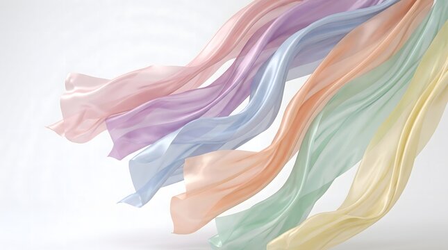 Flowing Fabric in Pastel Hues: Delicate swathes of sheer fabric in a spectrum of soft pastel colors drift and sway, creating an ethereal and graceful visual.