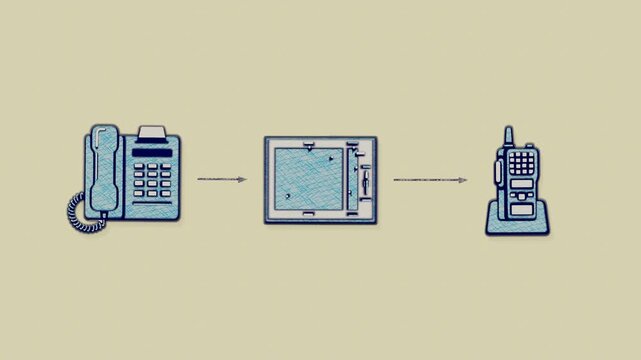 Emergency dispatch moves an incoming call through route assignment and radio notification, mobilizing an ambulance crew for field response. Flat 3D style with a coloured pencil texture.