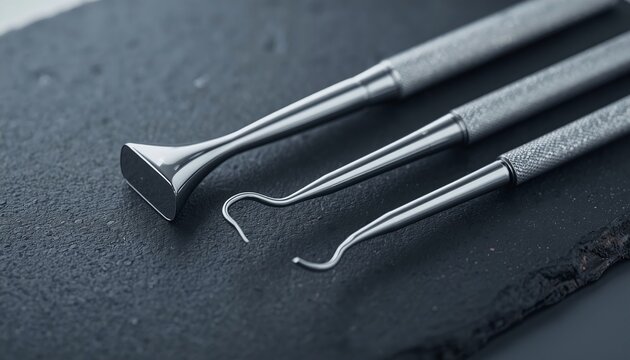 Sterile dental tools for professional oral care and stomatology procedures, featuring metallic instruments on a dark textured surface, essential for medical healthcare and hygiene.