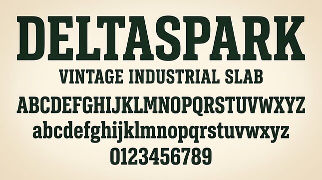 Vintage Industrial Slab Font Typography Design with Alphabet and Numbers