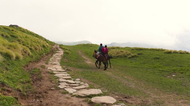 Pilgrims riding mules on a stone path towards Rudranath Temple in the mountains of Chamoli Uttarakhand