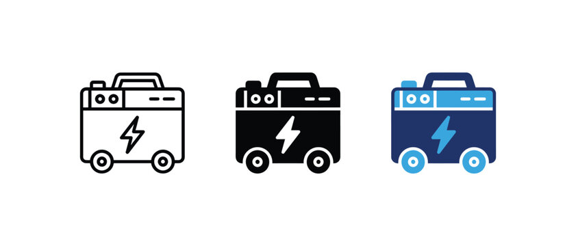 Portable electric generator power supply and energy backup equipment icon vector set