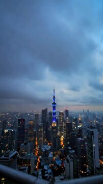 Tokyo skyline at sunrise under heavy storm clouds, urban uncertainty, economic pressure, climate risk, financial district tension, emergency planning, travel disruption, and city resilience.