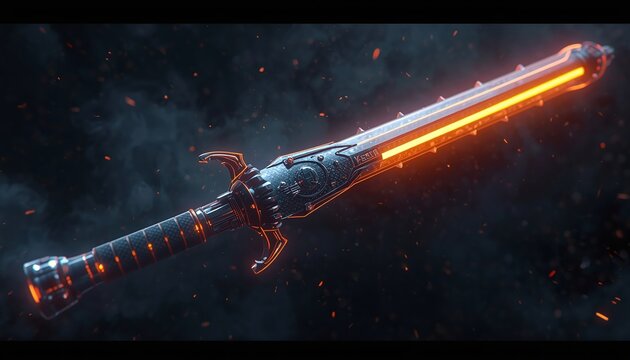 Futuristic glowing energy sword weapon with intricate metallic details and a vibrant orange blade, surrounded by smoke and flying sparks in a dark, dramatic setting.
