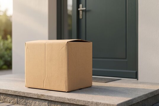 Cardboard shipping box delivered on a doorstep outside a modern home front door