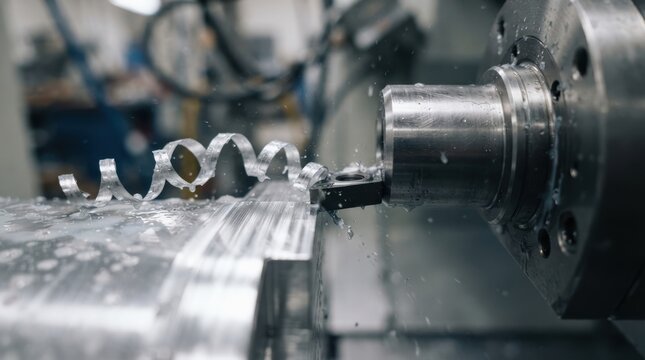 Macro view of a cutting insert shaving aluminum with curled chips and coolant droplets beside a polished spindle nose in cnc metal machining.