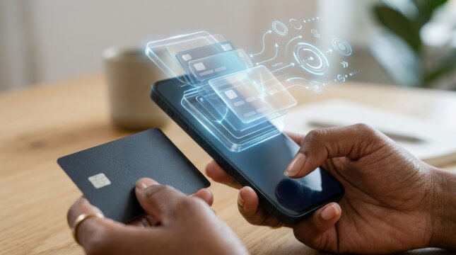 Person using a smartphone for secure digital credit card payments with holographic interface