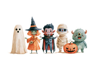 Fototapeta premium Cute watercolor halloween characters including ghost witch vampire mummy monster