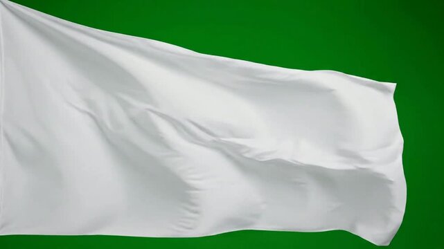 White flag waving on green screen background, blank fabric banner for custom branding and compositing