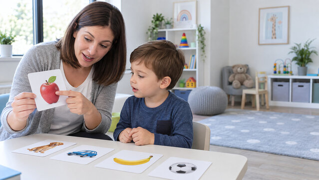 Speech therapist helping a toddler boy learn words using picture flashcards