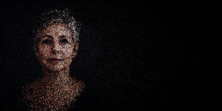 Digital ID Portrait of Woman with Face made up of Numbers and Symbols. Consent management Concept with copy-space.