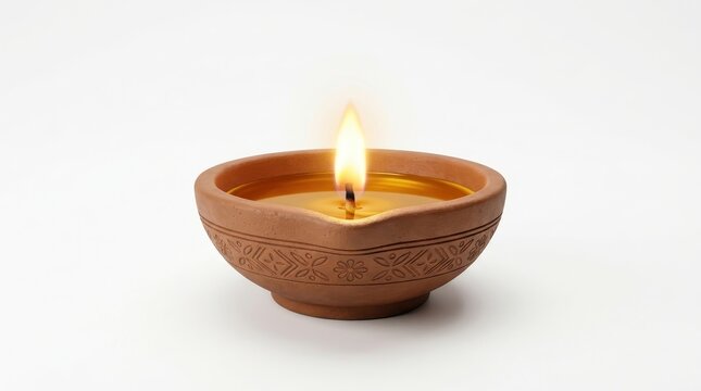 Traditional Indian Clay Oil Lamp Diya with Burning Flame Isolated on White Background for Diwali Festival