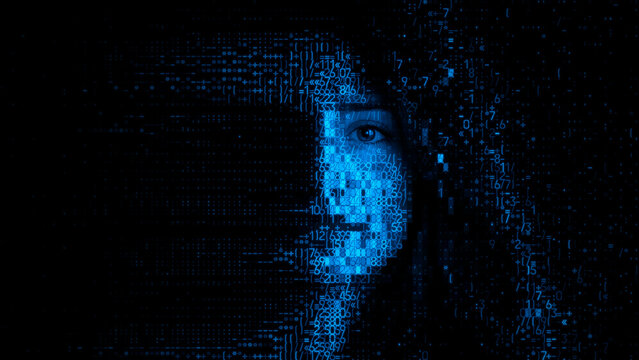 Female Face formed from Computer Data. AI Generated Persona Concept.