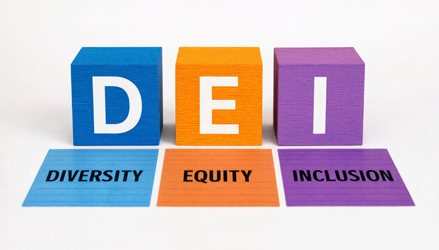 DEI diversity equity inclusion concept with colorful wooden blocks and labeled cards on white background