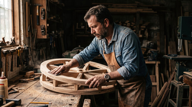 Middle-aged carpenter sanding a handmade wooden wheel in a rustic workshop
