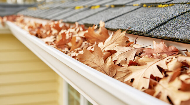Clogged rain gutter with autumn leaves needing cleaning
