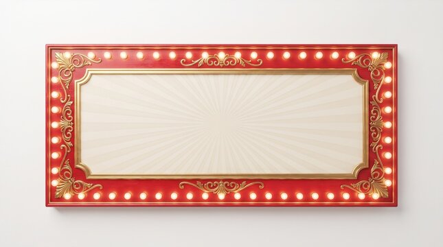 Vintage marquee sign with glowing light bulbs, red theater billboard with blank copy space, retro cinema announcement board with gold filigree