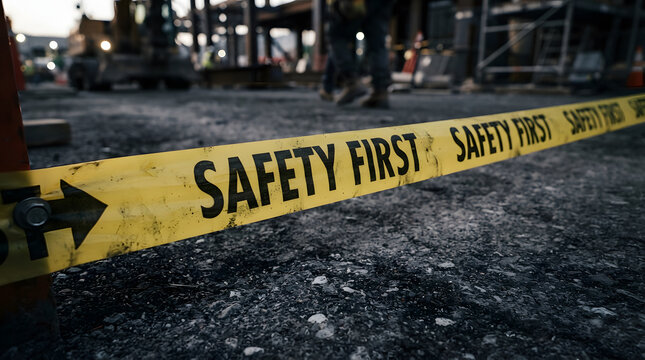 Yellow caution tape with safety first message on construction site