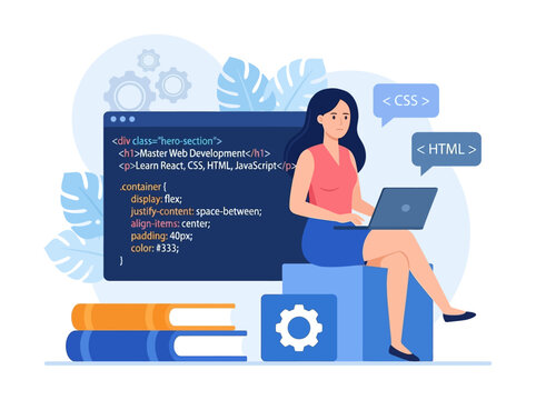 Female Web Developer Working on Laptop with HTML and CSS Code Illustration. Concept for Coding Education, Software Engineering, and Professional Frontend Web Development.