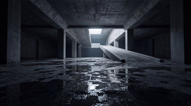 Flooded concrete underpass with dark reflections and ramp in abandoned urban architecture