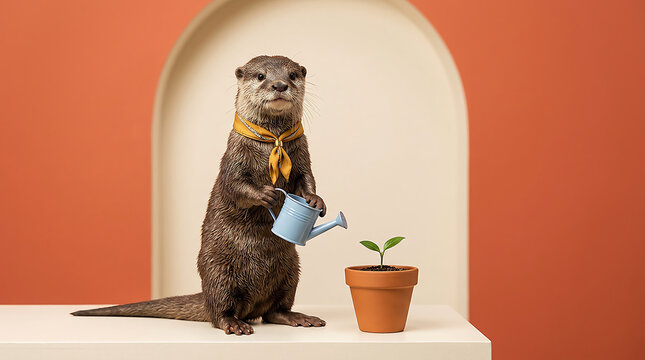 Cute otter holding blue watering can beside potted plant on orange background
