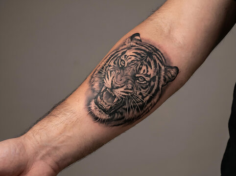 Black and grey snarling tiger tattoo inked on a male forearm