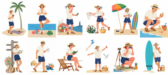 Fototapeta premium A diverse collection of summer beach activity illustrations featuring people doing yoga, surfing, taking photos, and relaxing in a flat vector style.