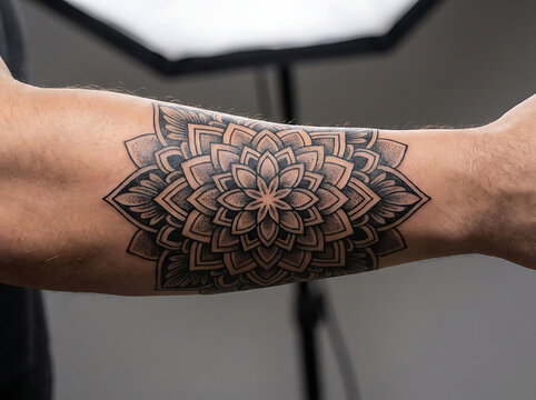 Detailed black and grey mandala tattoo artwork on a human forearm