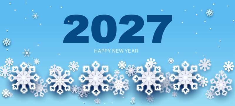 New Year holiday banner 2027, numerals. Festive card, white paper-cut snowflakes (snowfall effect) on a blue background. Happy New Year 2024 template design. Holiday theme. Vector illustration.