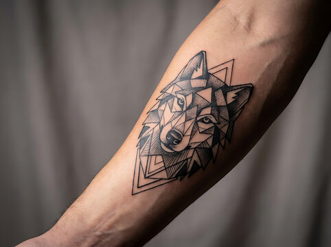 Geometric wolf head tattoo on human forearm in black ink style