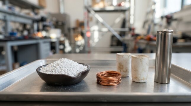 White battery precursor granules on a tray with copper wire, ceramic crucibles and a polished battery cell canister