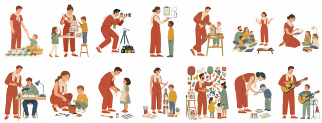 Fototapeta premium Set of illustrations showing parents and children engaged in various creative, educational, and fun activities at home, promoting family bonding and early childhood development.