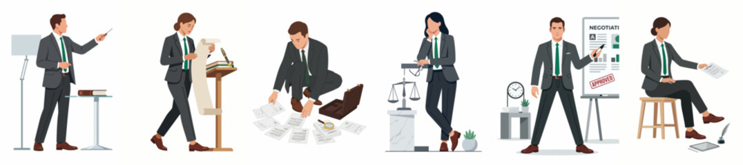 Obraz premium Collection of illustrations showing diverse legal and business professionals in various workplace activities including presenting, researching, and communicating on a white background.