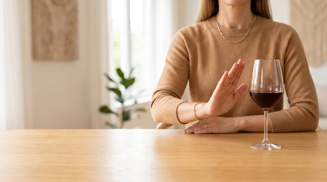 Woman making a stop gesture beside a glass of red wine, representing alcohol refusal, sobriety, moderation, healthy lifestyle. Copy space