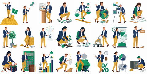 Fototapeta premium Collection of business people flat vector illustrations depicting various financial, investment, and strategic management activities in a professional context.