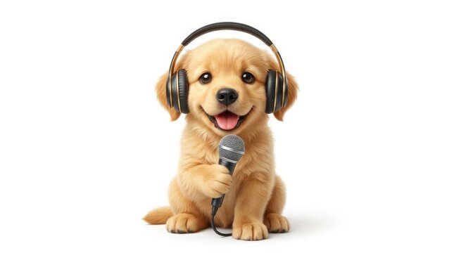 A cute golden retriever puppy with headphones is holding a microphone preparing to sing a beautiful song