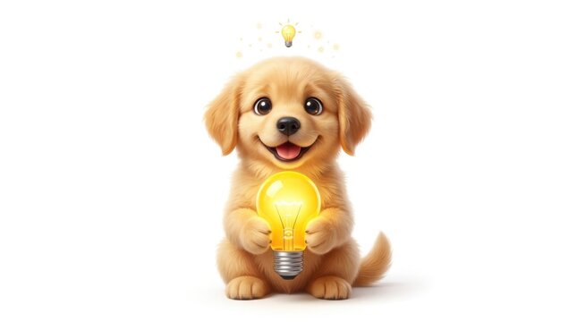 A cute golden retriever puppy carefully holds a lit lightbulb symbolizing innovation and a clever new concept