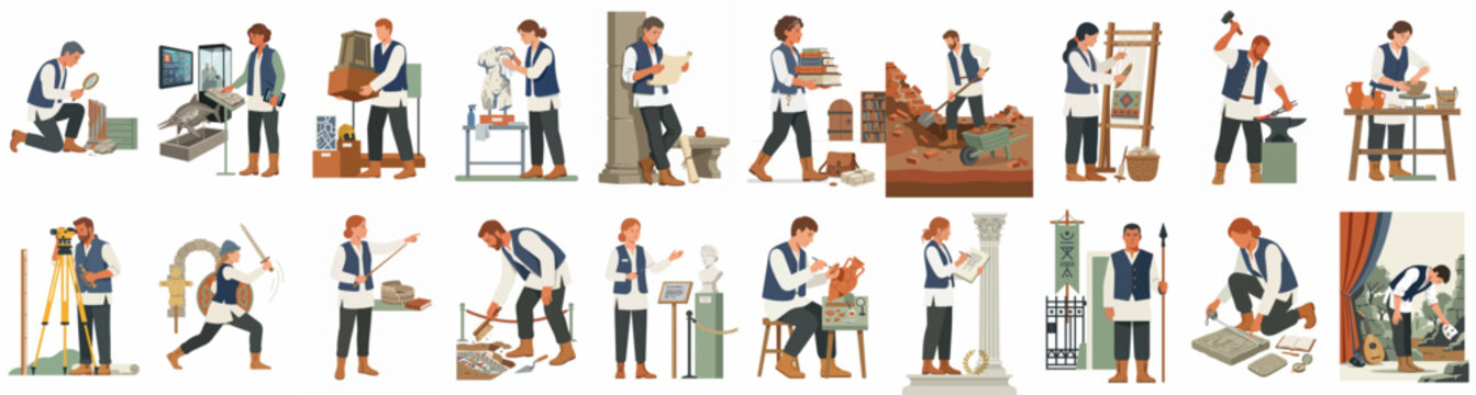 Set of illustrations depicting a man in historical attire engaged in various activities like archaeology, museum curation, and traditional crafts.