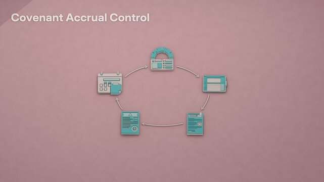 A standing control procedure checks covenant ratios, books an accrual and tracks waivers, breach notices and cure deadlines to maintain compliance. Flat 3D style; an English title card.