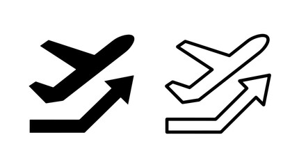 Minimalist black airplane icon with upward rising arrow representing aviation travel or tourism © junaid