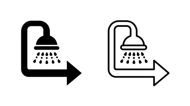 Minimalist shower head icon vector illustration showing water drops and direction arrow
