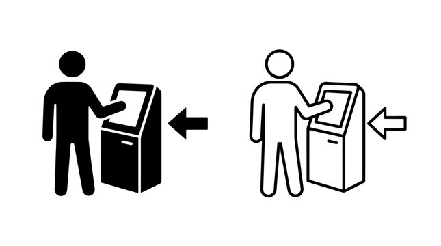 Minimalist human pictogram using digital kiosk touch screen with directional arrow symbol