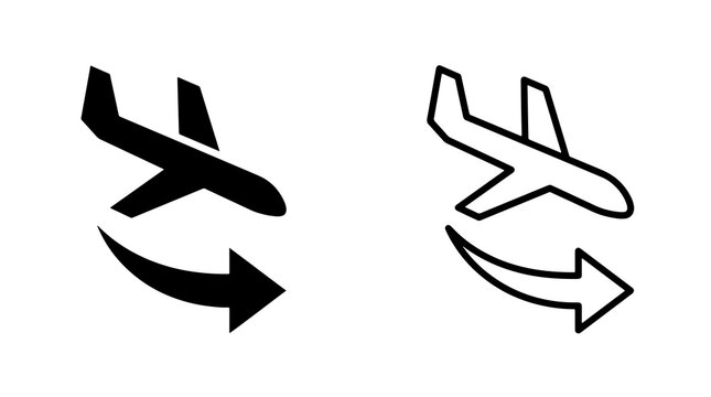 Minimalist airplane icon silhouette with curved navigation arrow for travel apps